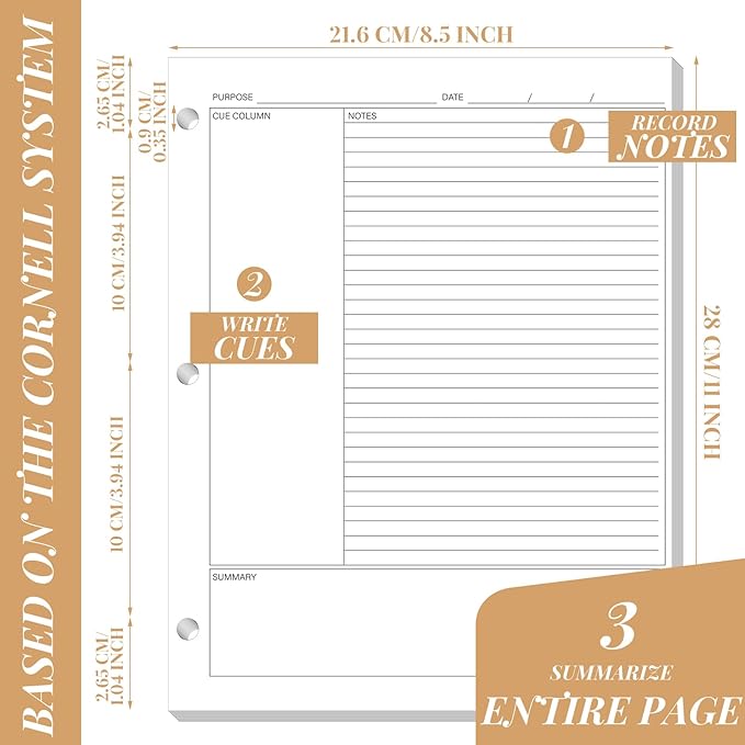 Ctosree 400 Sheets Cornell Notes Loose Leaf Paper Notebook Taking System Filler Paper, 8.5 x 11 Inch, 3 Hole Punch, White, Double Sided for Office College Home