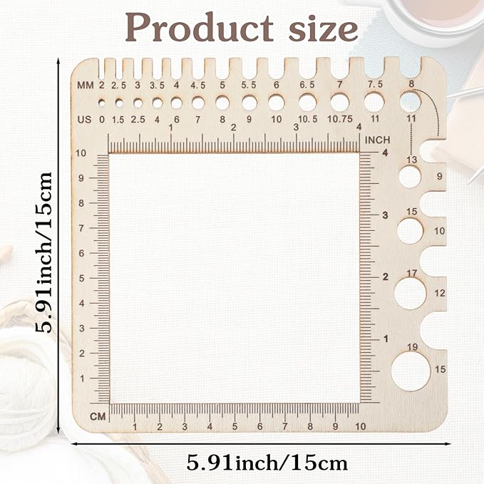 Wooden Knitting Crochet Gauge Ruler, Premium Pine Needle Sizer Stitch Counter Spinner Yarn Measure Tool with Circular Ruler & Rectangle Sizer for Crafting Projects (15cm/5.91in)