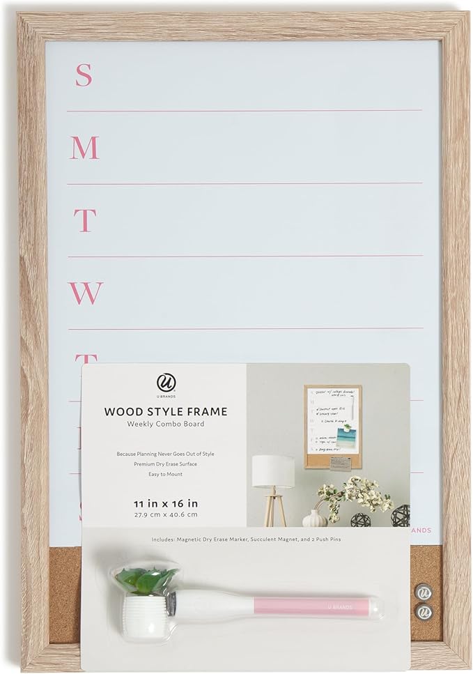 U Brands Framed Magnetic Weekly Dry Erase Calendar Combo Board, 16"x11", Wood Style Frame, Includes Magnetic Dry Erase Marker with Eraser Top, Succulent Magnet, and 2 Push Pins