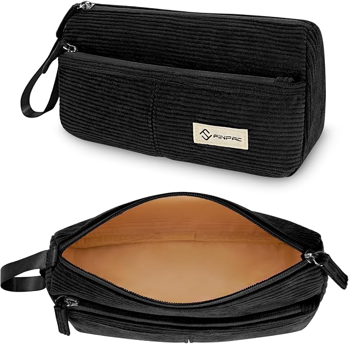FINPAC Pencil Case, Corduroy Triangle Makeup Bag Kawaii Pen Bag Pouch | Pencil Holder Box Organize for Study, Office, or Travel, Black