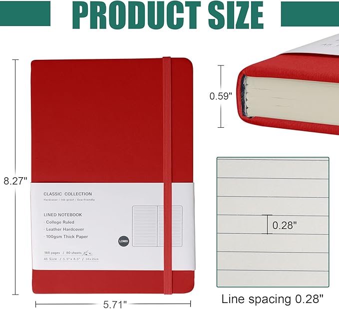 Lined Journal Notebook, 10Pack Hardcover Notebook for Men & Women – Journals for Writing, Work, School, Home & Daily Notes, 160 Pages – Medium A5, 5.7"x8", 100 gsm Thick Paper (Red)