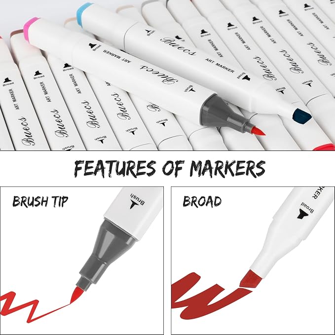 Buecs Alcohol Markers Brush Tip: Double Tipped Art Marker, 80 Count, suitable for Adults Artists Painting, Coloring Drawing Sketching, Multicolor