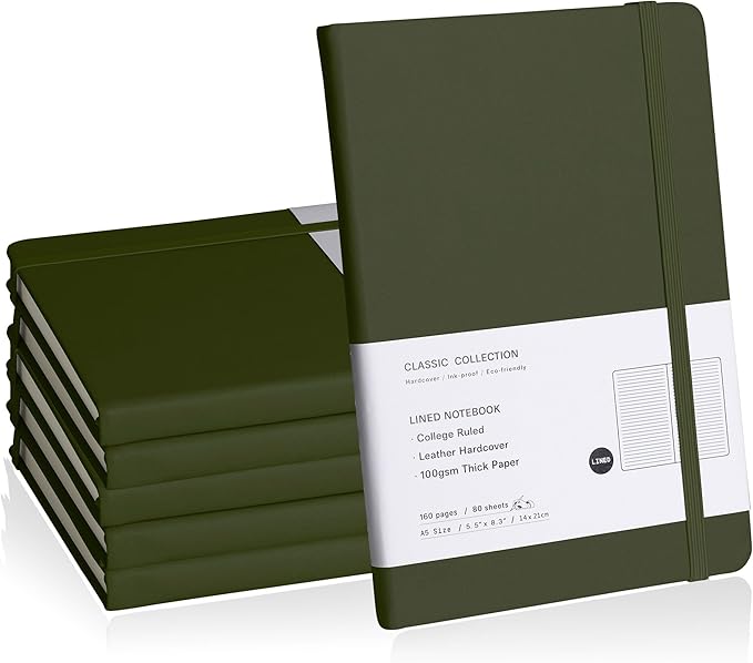 Lined Journal Notebook, 6Pack Hardcover Notebook for Men & Women – Journals for Writing, Work, School, Home & Daily Notes, 160 Pages – Medium A5, 5.7"x8", 100 gsm Thick Paper (Olive Green)