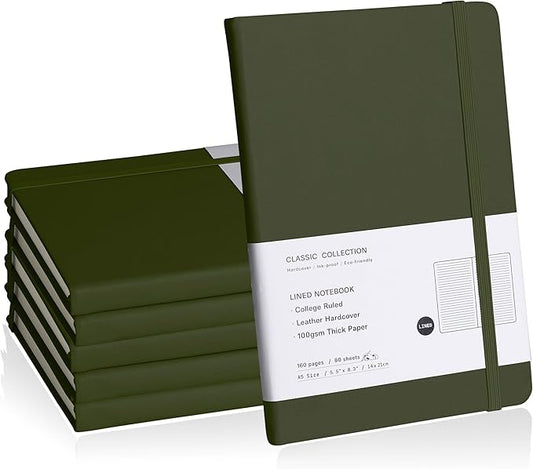 Lined Journal Notebook, 6Pack Hardcover Notebook for Men & Women – Journals for Writing, Work, School, Home & Daily Notes, 160 Pages – Medium A5, 5.7"x8", 100 gsm Thick Paper (Olive Green)