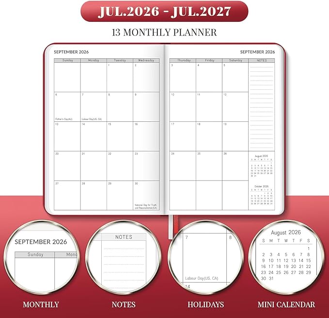 Lonely Oak Academic Planner 2026-2027, A5 Daily Weekly and Monthly Planner 5.75" x 8.4", 13 Months Faux Leather School Year Agenda from Jul.2026 to Jul.2027 for Student and Teacher (Red)