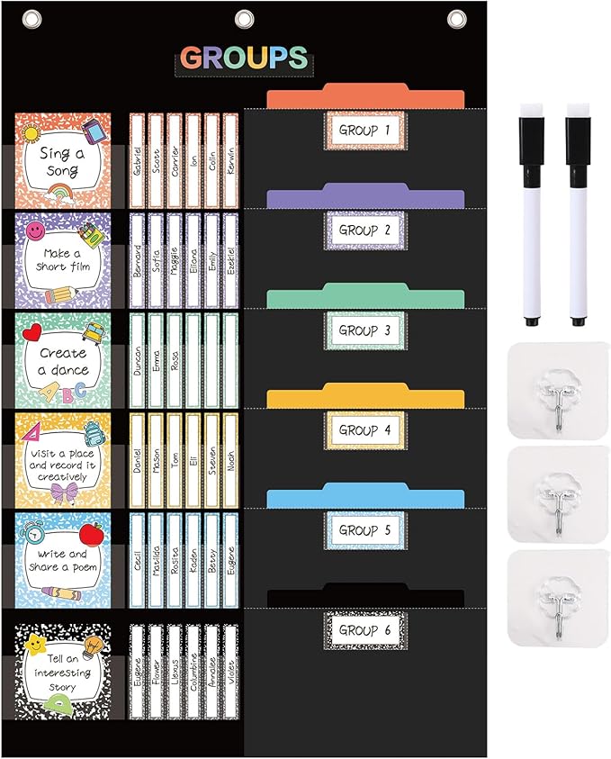 Whaline Group Management Pocket Chart with 98 Reusable Dry-Erase Cards 3 Hooks 2 Markers Colorful Composition Book Classroom Small Group Organizer for Back to School Teacher Supplies