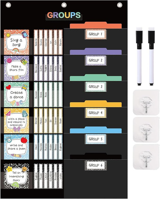 Whaline Group Management Pocket Chart with 98 Reusable Dry-Erase Cards 3 Hooks 2 Markers Colorful Composition Book Classroom Small Group Organizer for Back to School Teacher Supplies