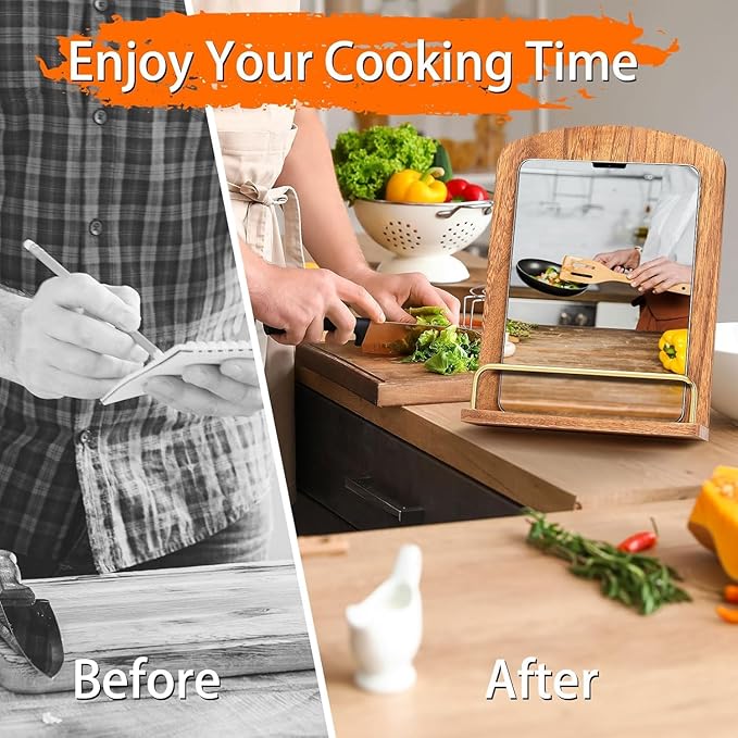 Wooden Cookbook Stand for Kitchen Countertop: Folding Wood Recipe Holder, Ergonomic Reading Stand for Large Hardcover Books and iPad, Ideal Gift for Mom and Grandma, Stable Non-Slip Desktop Bookrest