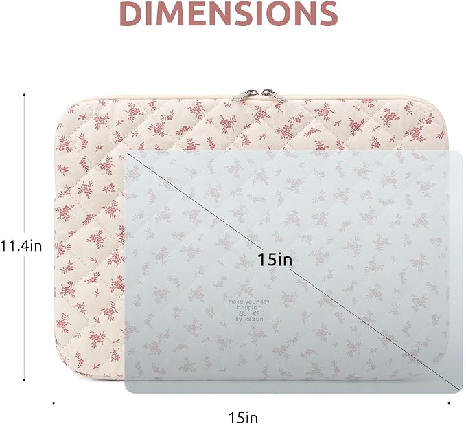 Puffy Laptop Sleeve 15-15.6 Inch Cute Quilted Laptop Protective Case Padded Floral Computer Sleeve for MacBook (A-Pink, 15 Inch)