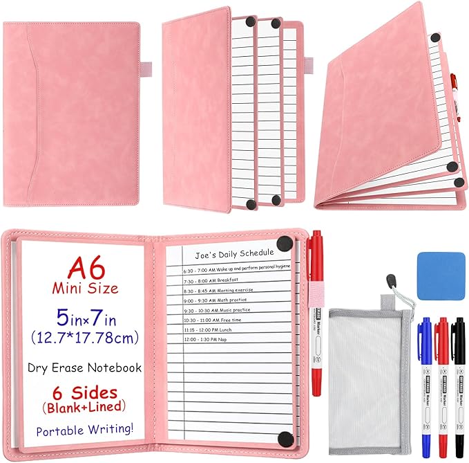 Feifeiya 6 Sides Dry Erase Notebook Portable Whiteboards Notebook Small Reusable College Ruled Lined Board Folding Mini Travel Dry Erase White Board for Office Study(Pink,A6: 5 x 7 Inches)