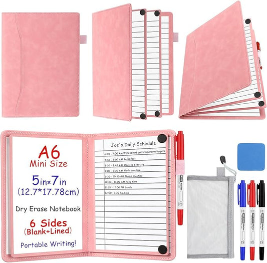 Feifeiya 6 Sides Dry Erase Notebook Portable Whiteboards Notebook Small Reusable College Ruled Lined Board Folding Mini Travel Dry Erase White Board for Office Study(Pink,A6: 5 x 7 Inches)