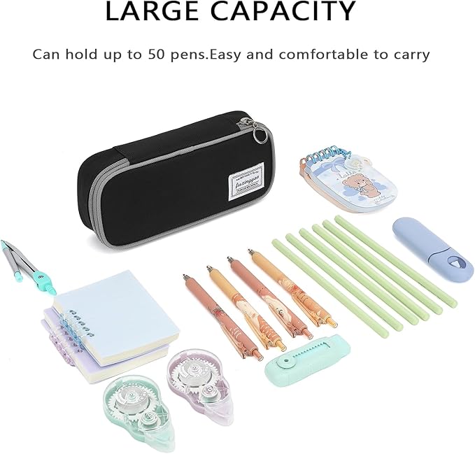 FUXINGYAO Pencil Case, Multi-compartment Pencil Pouch, Portable Pencil Bag (Black with Gray)