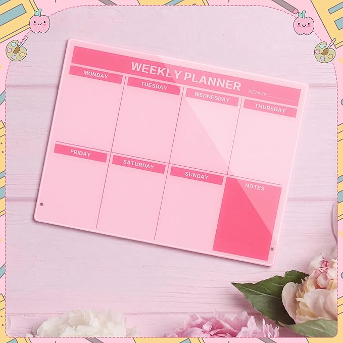 Desktop Acrylic Weekly Planner Board Acrylic Calendar Dry Erase Board with Stand to Do List Planner Boards with Daily Schedule and Markers for Family Home Office(Pink)