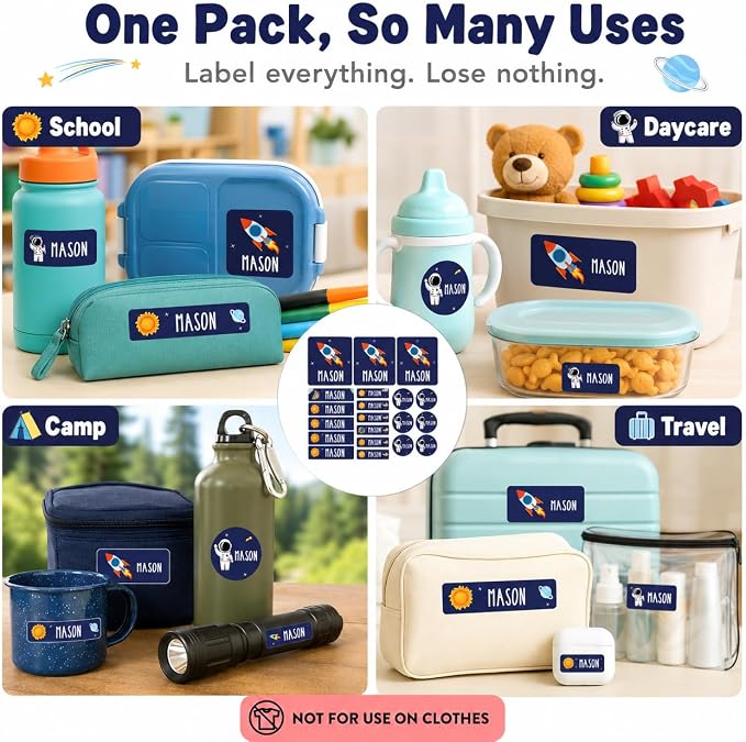 Andaz Press Custom Personalized Waterproof School Name Labels, Outer Space 120-Pack, Kids Labels Combo Pack Customizable Name Stickers Personalized School Supplies Camp Label Daycare Stickers