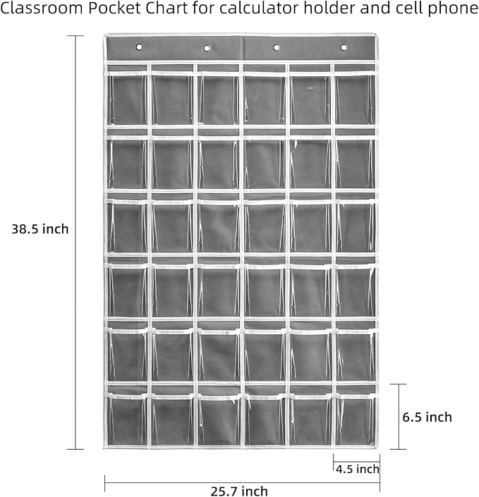 SAVERHO 36 Clear Pockets Classroom Pocket Chart for Cell Phones and Calculator Holder, Pocket Chart for Classroom Phone Holder with Number Stickers and Hooks (Grey)