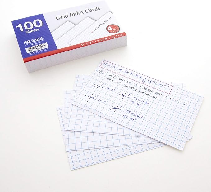 BAZIC 100 Ct. White Index Cards. 3" X 5" Quad Ruled Flash Cards for School, Stationery, or Office Supplies (513)