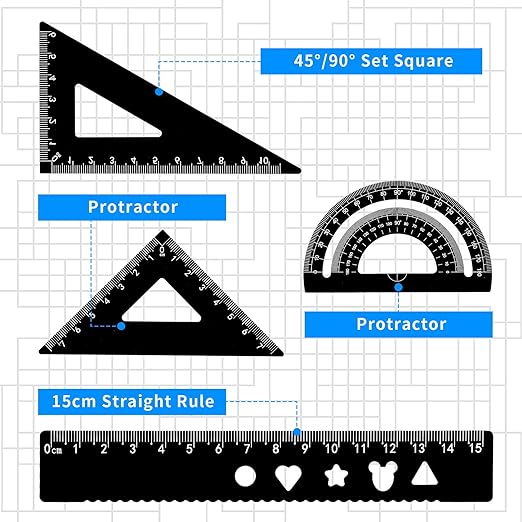 Mabor Metal Ruler Set 4Pcs Black Aluminum Alloy Triangle Rulers Straight Edge Ruler Geometric Protractor & Geometry Rulers Set for Drawing Drafting Supplies for Students Kids