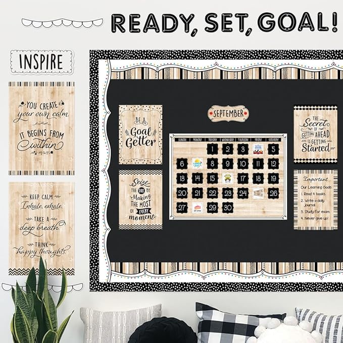 CTP Core Décor Black, White, and Wood Calendar Set Bulletin Board Top Classroom Decorating Accents (Creative Teaching Press 10920)