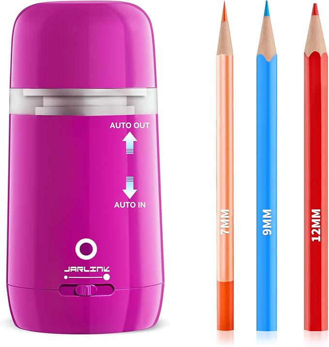 JARLINK Automatic Electric Pencil Sharpener - Hands-Free Operation, 3 Sharpness Modes, 3-Second Sharpening, Rechargeable & Portable for 7-12mm Pencils, Ideal for Classroom and Home Use (Pink)