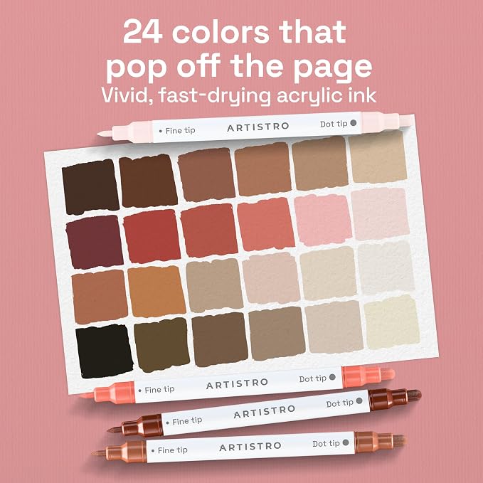 ARTISTRO 24 Skin Tones Dual-Tip Acrylic Paint Markers – Paint Pens Set with Dot & Fine Tips for Fabric, Rock, Glass, Wood, Coloring Books – Arts & Crafts Gift – Classroom Must Haves & School Supplies