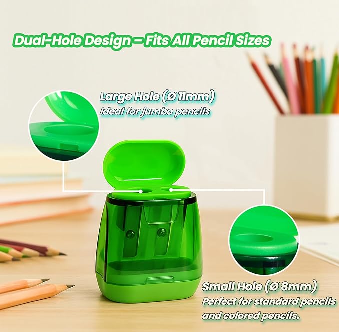 Pencil Sharpener Set (8 Pcs) – 4 Dual Hole Manual Sharpeners + 4 Pencil Top Erasers, Portable Pencil Sharpeners for Kids, Students & Teens, Colored & Jumbo Pencils, School & Classroom