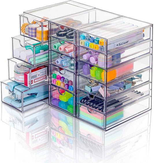 VZKAH Clear Acrylic Organizer with Drawers | 15-Drawer Desktop Unit | Makeup & Desk Organization and Storage Box for Office, Craft, Vanity Table, Bathroom, Home Essentials