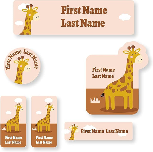 Personalized Kids Name Labels – Waterproof Custom Stickers for Daycare & School, Dishwasher & Laundry Safe (Giraffe - Tan)