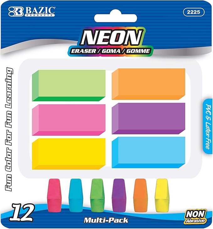 BAZIC Products Erasers + Pencil Top Erasers Set (12/Pack), Block Bevel Erasers Neon Color, Arrowhead Caps Tops, Latex Free, for Art Drawing School, 72-Packs