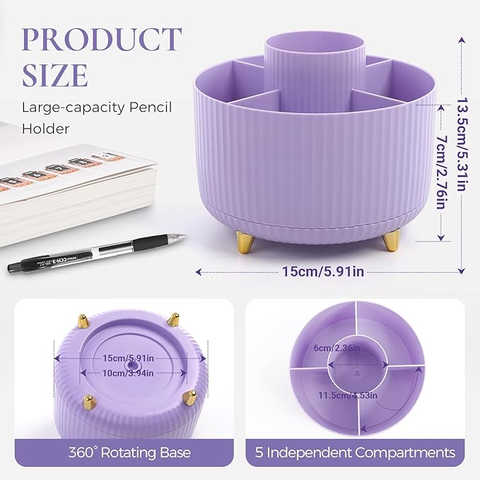 KONVINIT Pencil Pen Holder for Desk, 5 Slots 360-Degree Rotating Desktop Organizer, Cute Desk Organizers and Accessories for School, Home, Office and Art Supply, Purple