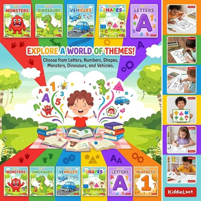 KiddieLoot Coloring Books for Kids Ages 4-8 - (Pack of 6) 8.5x11 Size Book w/Dinosaurs, Monsters, Vehicles, Alphabet, Numbers & Shapes - Kids Coloring Books Variety Set for Boys & Girls Color Gift