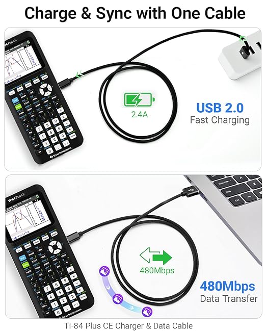 Mini USB Charger Cable for Texas Instruments TI-84 Plus CE/TI-84 Plus C Silver Edition/TI-89/TI-Nspire CX & CX CAS Graphing Calculators, Nylon-Braided 3FT Charging & Data Cord with Cable Tie