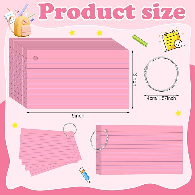 Pink Index Cards 3x5 Inch Lined Flash Cards with Ring Heavyweight Flashcards Note Cards for Studying School Supplies College, 200 Count
