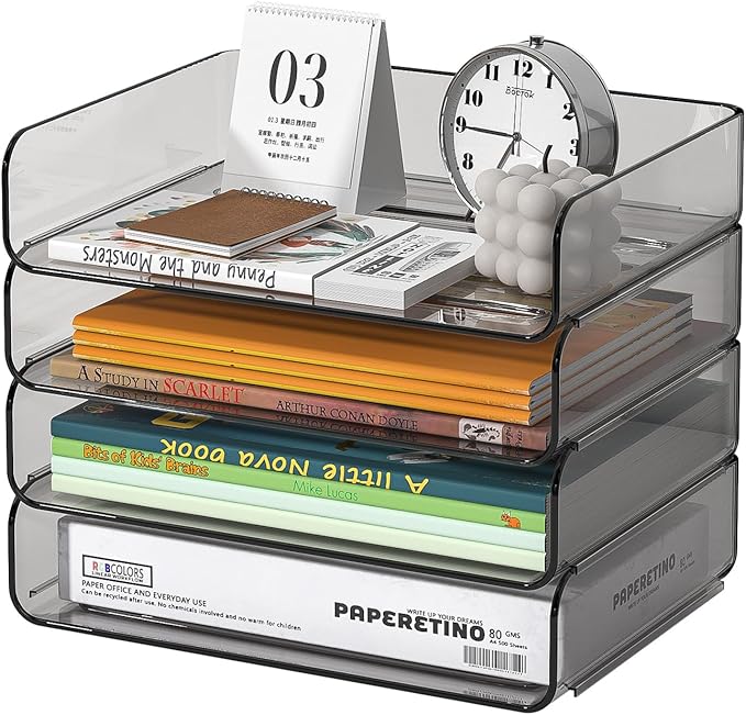 FANXIYQ 4-Tier Horizontal Acrylic Paper Tray Organizer | Clear Stackable Desk Organizer for Documents, Letters, A4 Paper | Modern Office/Classroom/Home Organization,Brown