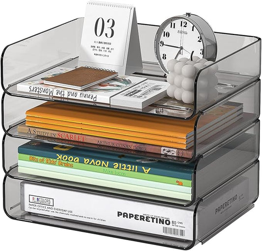 FANXIYQ 4-Tier Horizontal Acrylic Paper Tray Organizer | Clear Stackable Desk Organizer for Documents, Letters, A4 Paper | Modern Office/Classroom/Home Organization,Brown