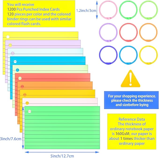 1200PCS Colored Index Cards 3x5 Inch Flash Cards with Rings Lined Note Card Flashcards, Colorful Ruled Card Pad Index Note Books 3 x 5 Notecards for Studying School Supply College Office