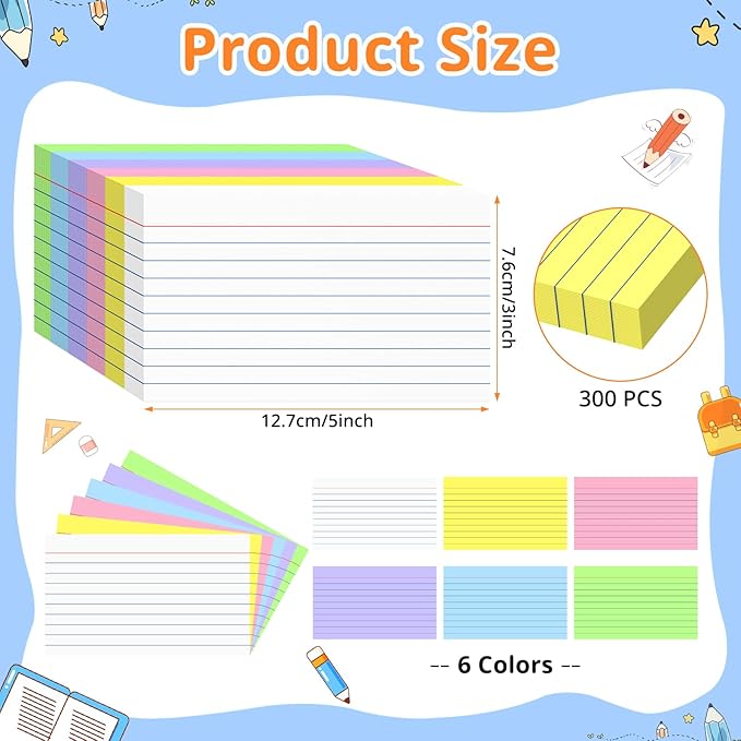 Colored Index Cards 3 X 5, 300 Count, Flash Cards For Studying, Lined Flashcards Notecards, Study Card, Ruled Front And Blank Back, Heavy Note Cards For Office, Home And School