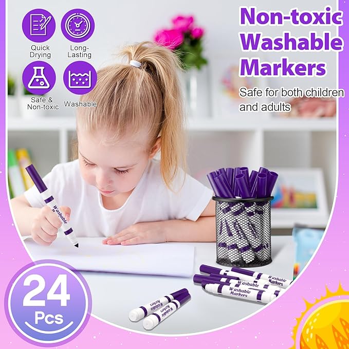 24 Pcs Washable Markers Bulk Broad Line Markers Coloring Conical Tip Large pens for Kids art projects, Teachers, Students, Toddlers, Party Favors, Classrooms, Donations(Purple)