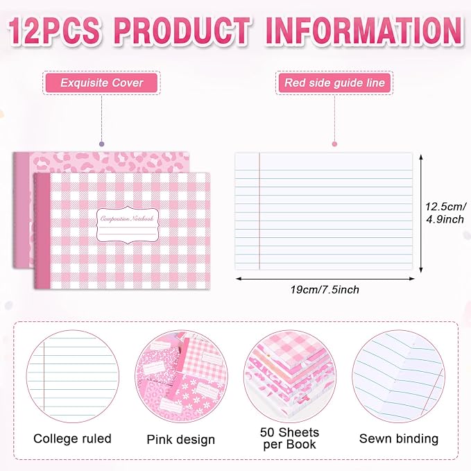 12 Pack Half Size Composition Notebooks Wide Ruled Marble Journal, Pink