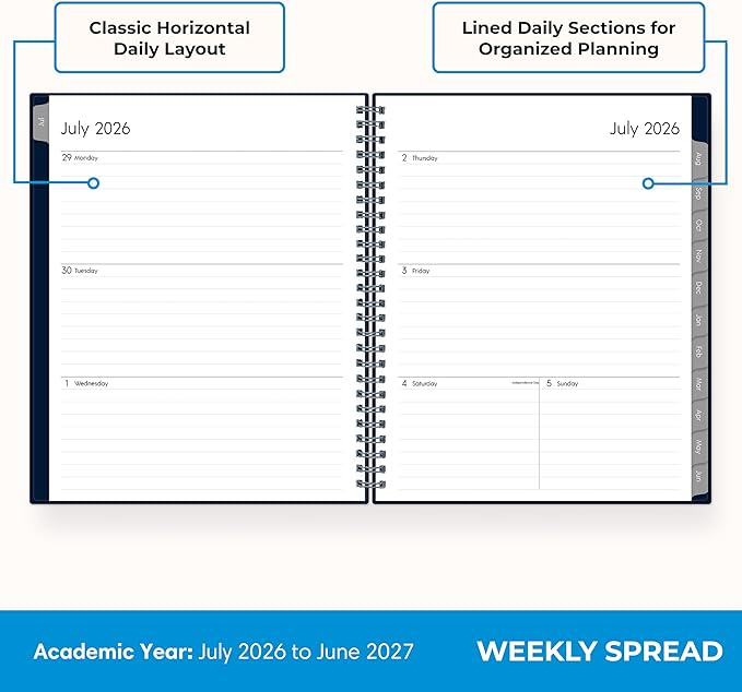 Blue Sky 2026-2027 Weekly and Monthly Academic Year Planner Calendar, July 2026 - June 2027, 7" x 9", Flexible Cover, Wirebound, Laminated Tabs, Enterprise Navy