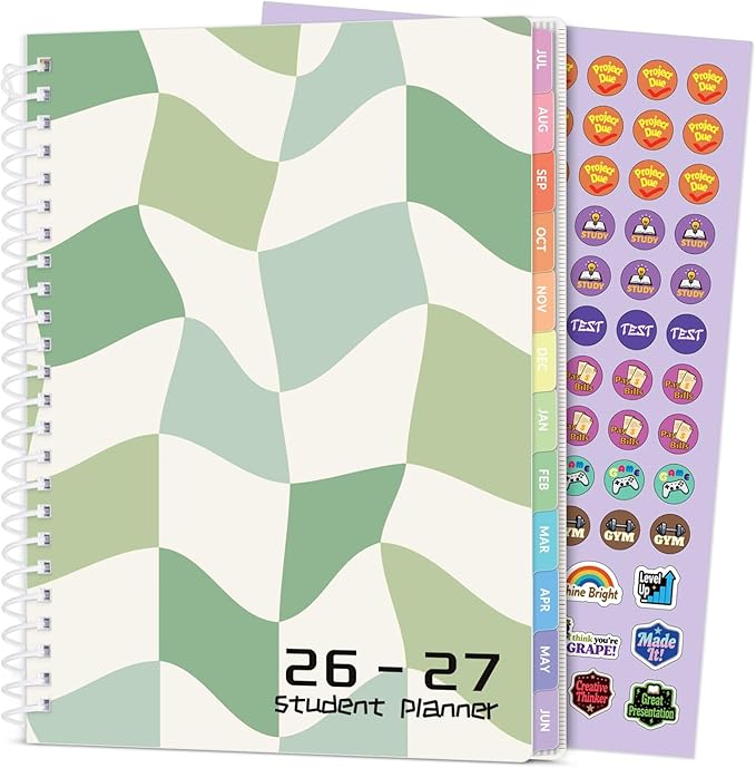 Student Planner 2026-2027, SUNEE Middle or High School Datebooks Student Planner for Academic Year Jul. 2026 - Jun. 2027, 6.5" x 8.3" Lesson Plan Book with Bookmark, Planning Stickers, Green Waves