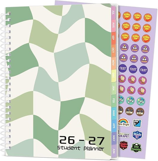 Student Planner 2026-2027, SUNEE Middle or High School Datebooks Student Planner for Academic Year Jul. 2026 - Jun. 2027, 6.5" x 8.3" Lesson Plan Book with Bookmark, Planning Stickers, Green Waves