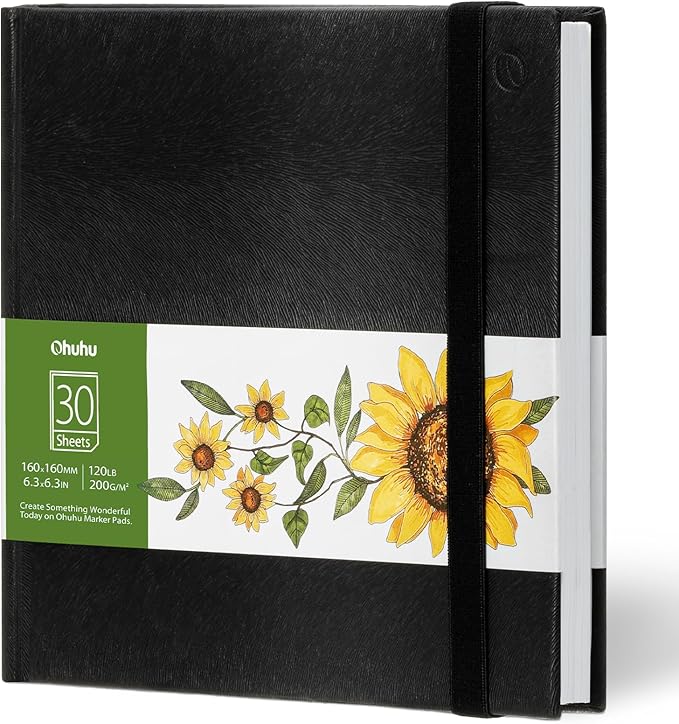 Marker Pads Art Sketchbook, Ohuhu 120LB/200GSM Heavy Smooth Drawing Papers, 30 Sheets/60 Pages, Hardcover Sketch Book, Specially Designed for Alcohol Markers (6.9" x 6.5")