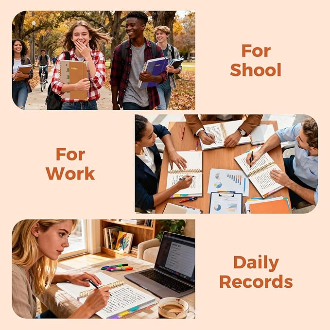 Line Hardcover Spiral Notebook with Removable Dividers Tabs & Ruler, 5 Subject Notebook College Ruled, 300 Page, Large 8"x10" B5 Notebooks for Work School, Lined Journal for Women & Men, Orange
