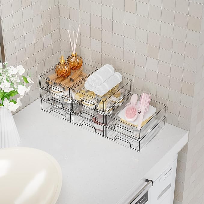 Yieach 2.2'' High Small Clear Stackable Storage Drawers,4 Pack Desk Organization and Storage Bins,Plastic Office Supply Organizer,Acrylic Drawer Storage Organizer for Makeup,Accessory,Pen,Art Crafts