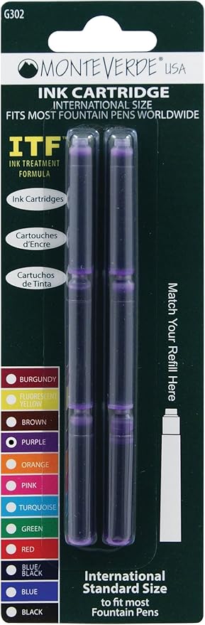 Monteverde International Size Cartridge to Fit Fountain Pens, Purple, 6 per Pack (G302PL)