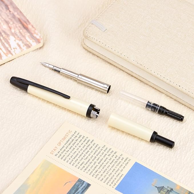 Jinhao 20 Press Fountain Pen, Ivory White Retractable Extra Fine Nib with Ink Converter Set (Black Clip)