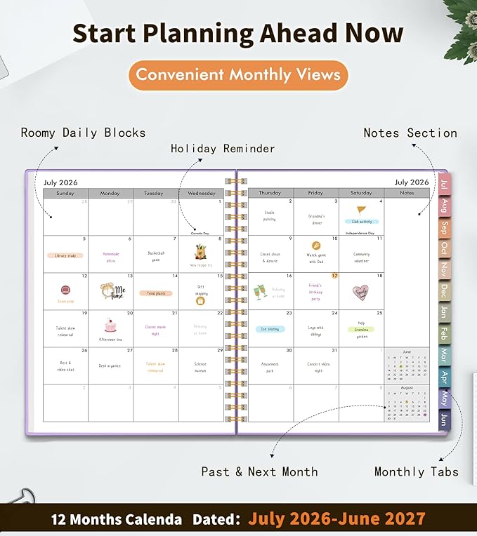 Academic Planner 2026-2027, Weekly and Monthly Calendar Planner from July 2026 - June 2027, 8.5" x 11" A4 Large Daily Agenda Book with Tabs, Flexible Cover, College School Organizer for Student Teacher, Purple