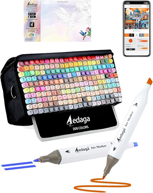 YHC 200 Colors Alcohol Markers with Free APP, Alcohol-Based Dual Chisel & Fine Tips Markers with Kickstand Case for Adult Coloring, Drawing, Painting and Sketching, Great Gift Idea for Artists
