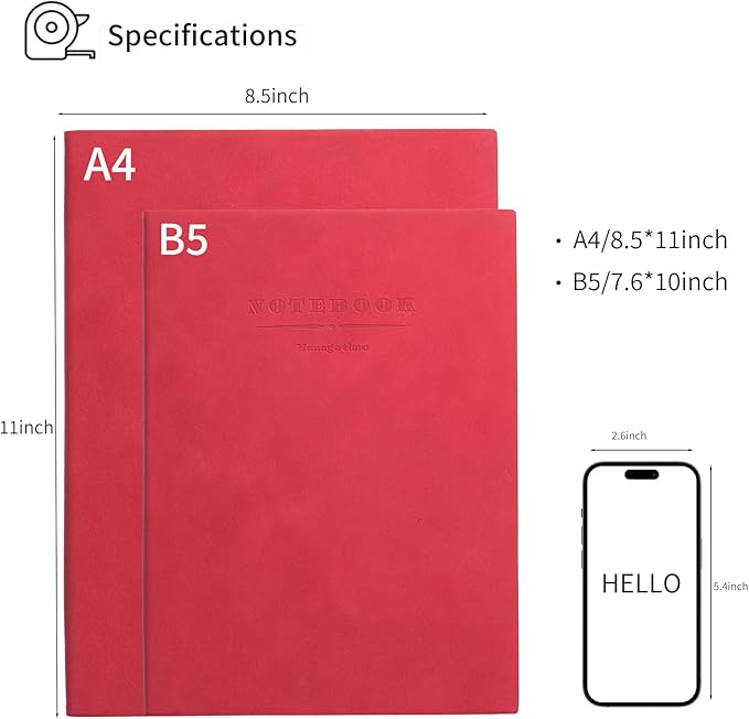 360 Pages A4 Journaling Notebooks, 100 Gsm Paper Thick Lined Journal Notebook for Women Men, Journals for Writing Soft Cover College Supplies for for Work Note Taking, Perfect for Office School, Red