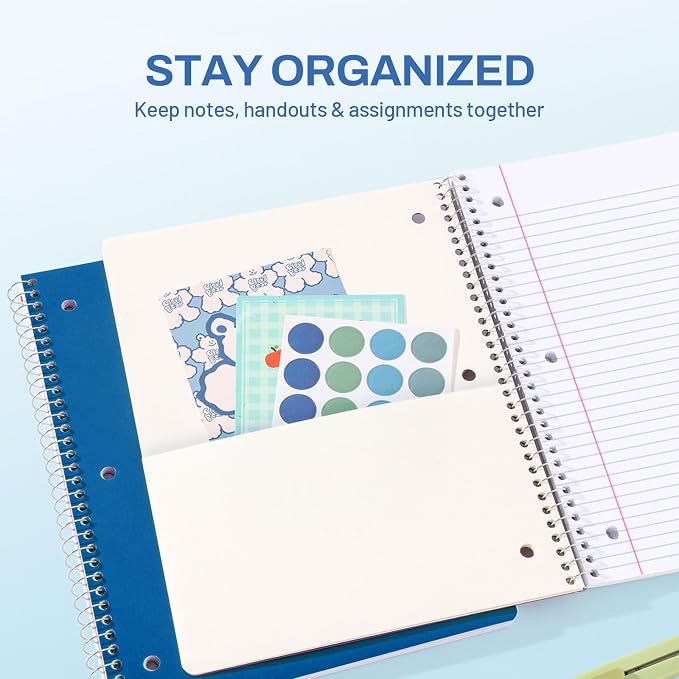 SUNEE Spiral Notebook, 1-Subject, College Ruled Paper, 8" x 10-1/2", 100 Sheets per Notebook, 3-Hole Punched Paper, Water Resistant Cover, Double-sided Pockets, Dark Blue